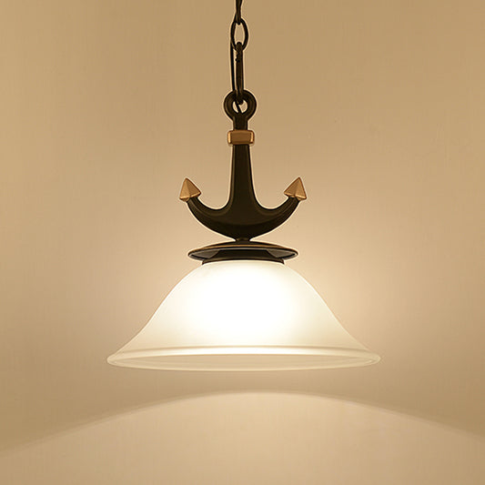 Bell/Cylinder Drop Pendant Mediterranean Cream Glass 1 Head Black Ceiling Light with Anchor Design, Small/Large Clearhalo 'Ceiling Lights' 'Pendant Lights' 'Pendants' Lighting' 819439