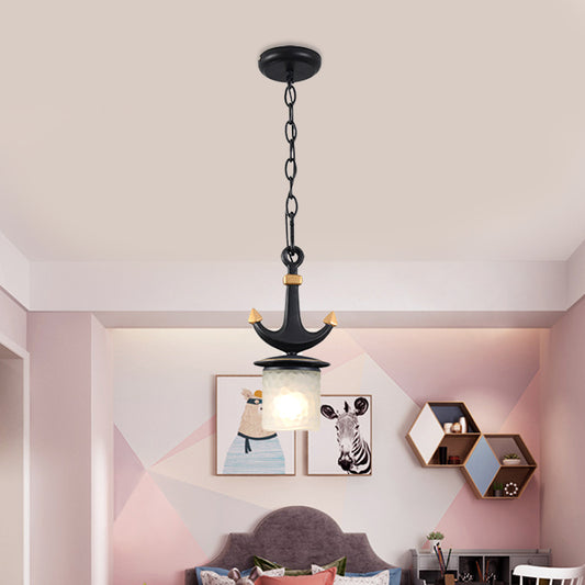 Bell/Cylinder Drop Pendant Mediterranean Cream Glass 1 Head Black Ceiling Light with Anchor Design, Small/Large Clearhalo 'Ceiling Lights' 'Pendant Lights' 'Pendants' Lighting' 819443