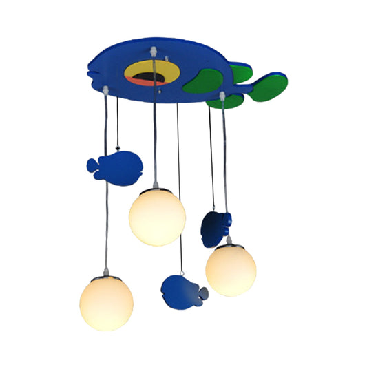 Fish Wooden Multi Light Pendant Kids 3 Bulbs Blue Hanging Lamp with Orb White Glass Shade Clearhalo 'Ceiling Lights' 'Pendant Lights' 'Pendants' Lighting' 819447