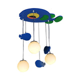 Fish Wooden Multi Light Pendant Kids 3 Bulbs Blue Hanging Lamp with Orb White Glass Shade Clearhalo 'Ceiling Lights' 'Pendant Lights' 'Pendants' Lighting' 819447