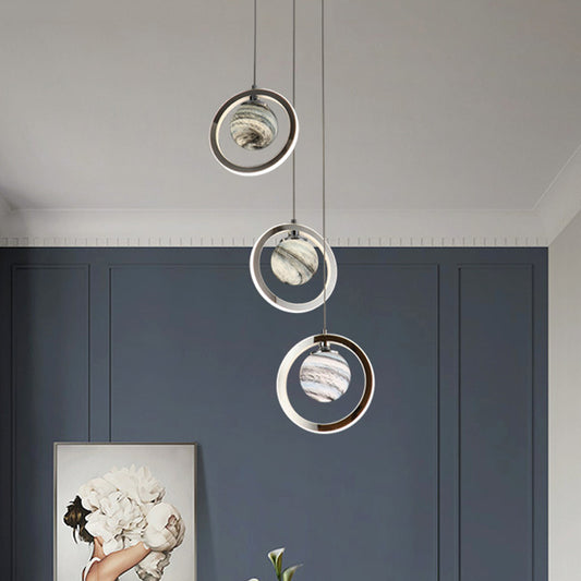 Planet Pendant Light Fixture Nordic Frosted Glass 3 Heads Chrome Hanging Lamp for Dining Room Clearhalo 'Ceiling Lights' 'Glass shade' 'Glass' 'Pendant Lights' 'Pendants' Lighting' 819451
