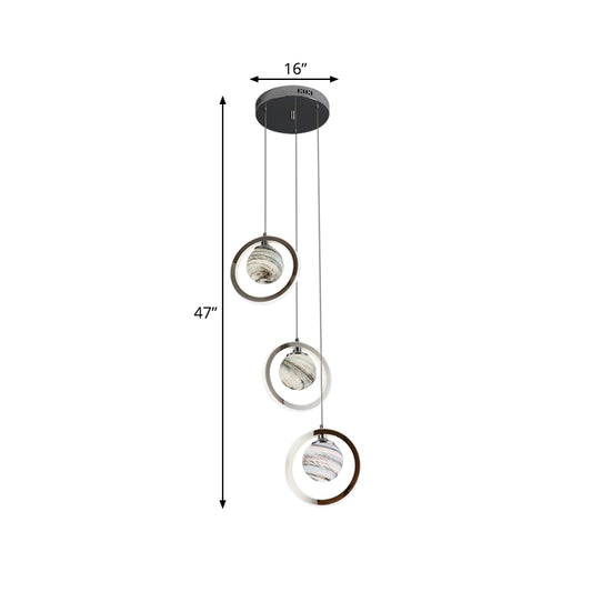 Planet Pendant Light Fixture Nordic Frosted Glass 3 Heads Chrome Hanging Lamp for Dining Room Clearhalo 'Ceiling Lights' 'Glass shade' 'Glass' 'Pendant Lights' 'Pendants' Lighting' 819453