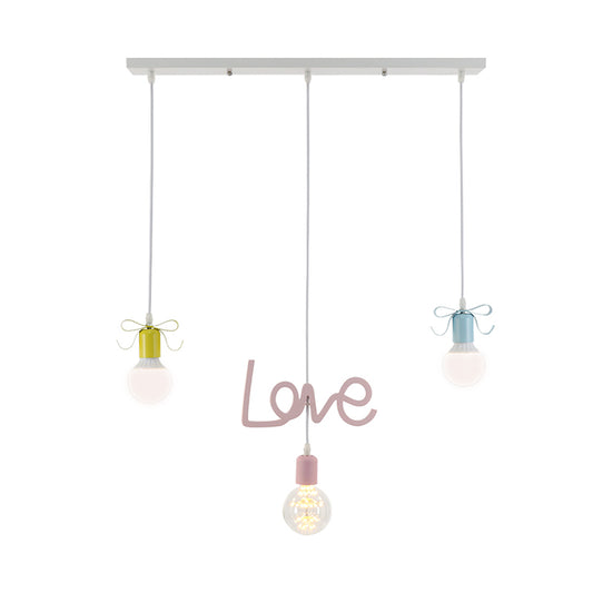Bare Bulb Resin Cluster Pendant Macaroon 3-Light Red-Yellow-Blue Ceiling Light with Bow and Letter Design Clearhalo 'Ceiling Lights' 'Pendant Lights' 'Pendants' Lighting' 819456