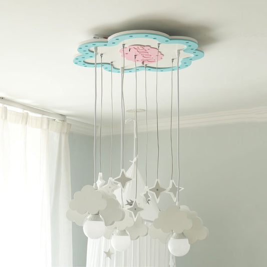 Wooden Cloud Cluster Pendant Light Kids 3 Bulbs Blue and White Suspension Lamp for Nursery Clearhalo 'Ceiling Lights' 'Pendant Lights' 'Pendants' Lighting' 819458