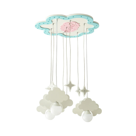 Wooden Cloud Cluster Pendant Light Kids 3 Bulbs Blue and White Suspension Lamp for Nursery Clearhalo 'Ceiling Lights' 'Pendant Lights' 'Pendants' Lighting' 819459