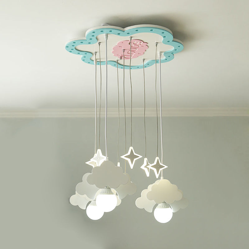 Wooden Cloud Cluster Pendant Light Kids 3 Bulbs Blue and White Suspension Lamp for Nursery Clearhalo 'Ceiling Lights' 'Pendant Lights' 'Pendants' Lighting' 819460