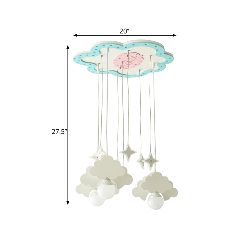 Wooden Cloud Cluster Pendant Light Kids 3 Bulbs Blue and White Suspension Lamp for Nursery Clearhalo 'Ceiling Lights' 'Pendant Lights' 'Pendants' Lighting' 819461