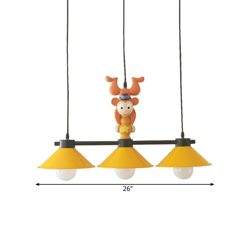 Yellow Cone Island Light Fixture Cartoon 3-Head Metal Pendant Lamp with Monkey Decoration Clearhalo 'Ceiling Lights' 'Island Lights' Lighting' 819477