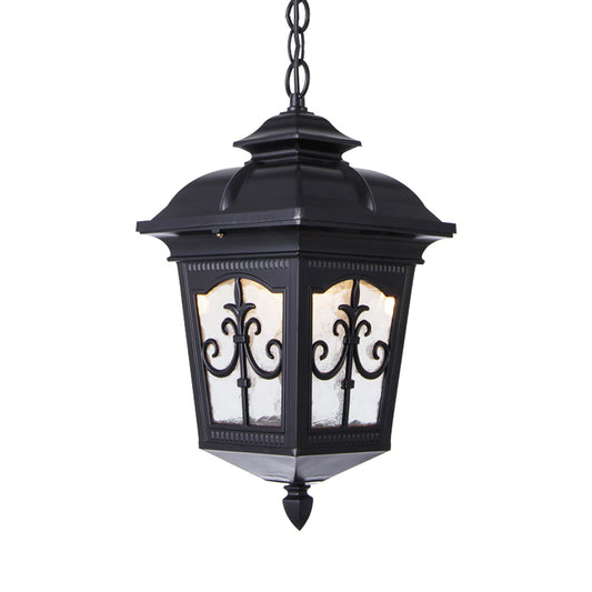 Clear Ripple Glass Black/Bronze Ceiling Lamp Lantern Shaped 1-Light Farmhouse Pendant Light Fixture for Patio Clearhalo 'Ceiling Lights' 'Glass shade' 'Glass' 'Pendant Lights' 'Pendants' Lighting' 819484