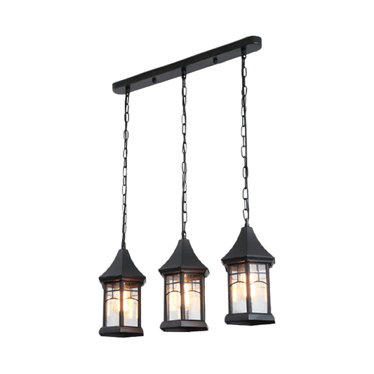 Cottage Lantern Multi Ceiling Light 3 Lights Clear Bubble Glass Suspension Lighting in Black with Linear Canopy Clearhalo 'Ceiling Lights' 'Close To Ceiling Lights' 'Glass shade' 'Glass' 'Pendant Lights' 'Pendants' Lighting' 819491