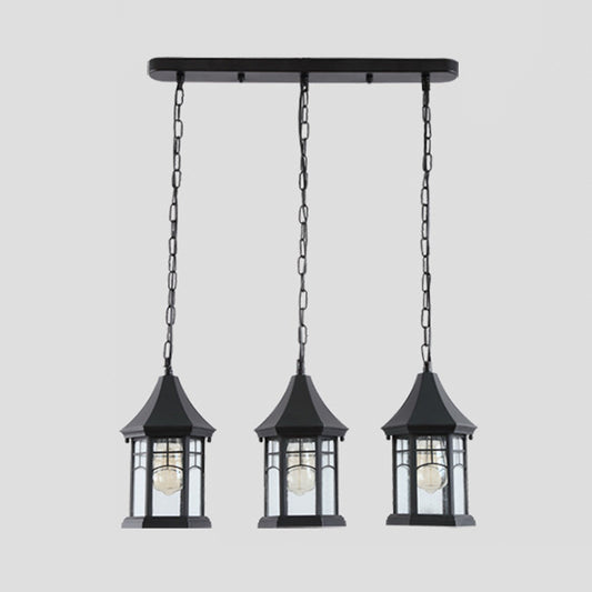 Cottage Lantern Multi Ceiling Light 3 Lights Clear Bubble Glass Suspension Lighting in Black with Linear Canopy Clearhalo 'Ceiling Lights' 'Close To Ceiling Lights' 'Glass shade' 'Glass' 'Pendant Lights' 'Pendants' Lighting' 819492