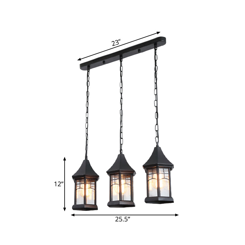 Cottage Lantern Multi Ceiling Light 3 Lights Clear Bubble Glass Suspension Lighting in Black with Linear Canopy Clearhalo 'Ceiling Lights' 'Close To Ceiling Lights' 'Glass shade' 'Glass' 'Pendant Lights' 'Pendants' Lighting' 819493