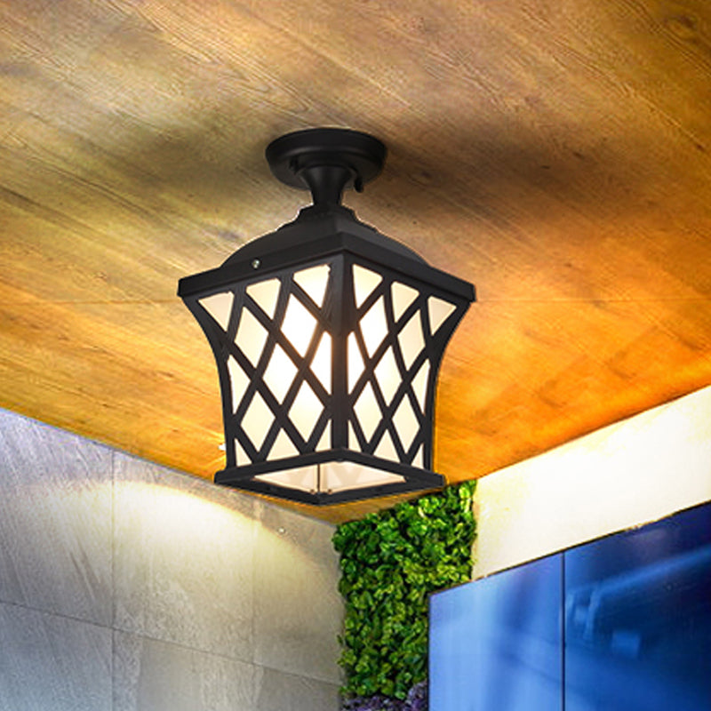 Opal Glass Lantern Semi Flush Mount Country 1 Light Balcony Close to Ceiling Light in Black/Bronze with Metal X-Frame Black Clearhalo 'Ceiling Lights' 'Close To Ceiling Lights' 'Close to ceiling' 'Glass shade' 'Glass' 'Semi-flushmount' Lighting' 819494