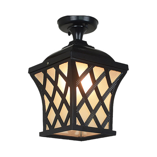 Opal Glass Lantern Semi Flush Mount Country 1 Light Balcony Close to Ceiling Light in Black/Bronze with Metal X-Frame Clearhalo 'Ceiling Lights' 'Close To Ceiling Lights' 'Close to ceiling' 'Glass shade' 'Glass' 'Semi-flushmount' Lighting' 819495
