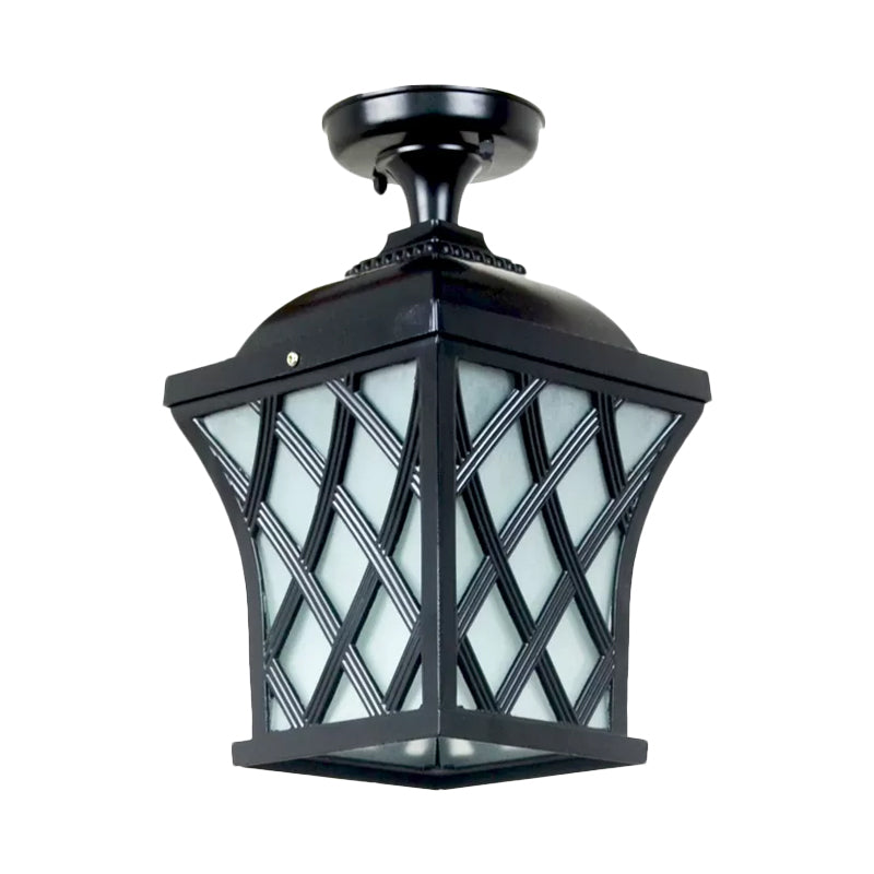 Opal Glass Lantern Semi Flush Mount Country 1 Light Balcony Close to Ceiling Light in Black/Bronze with Metal X-Frame Clearhalo 'Ceiling Lights' 'Close To Ceiling Lights' 'Close to ceiling' 'Glass shade' 'Glass' 'Semi-flushmount' Lighting' 819496