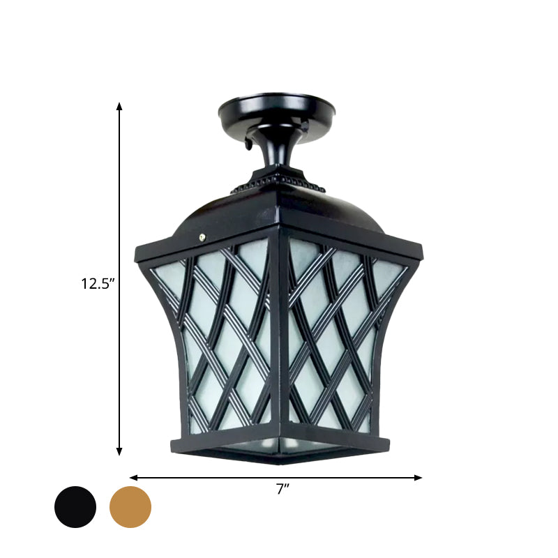 Opal Glass Lantern Semi Flush Mount Country 1 Light Balcony Close to Ceiling Light in Black/Bronze with Metal X-Frame Clearhalo 'Ceiling Lights' 'Close To Ceiling Lights' 'Close to ceiling' 'Glass shade' 'Glass' 'Semi-flushmount' Lighting' 819497