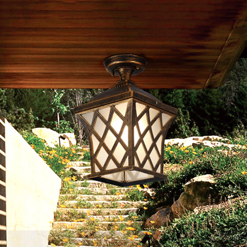 Opal Glass Lantern Semi Flush Mount Country 1 Light Balcony Close to Ceiling Light in Black/Bronze with Metal X-Frame Clearhalo 'Ceiling Lights' 'Close To Ceiling Lights' 'Close to ceiling' 'Glass shade' 'Glass' 'Semi-flushmount' Lighting' 819499