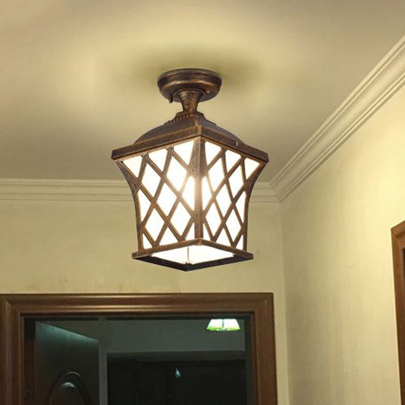 Opal Glass Lantern Semi Flush Mount Country 1 Light Balcony Close to Ceiling Light in Black/Bronze with Metal X-Frame Clearhalo 'Ceiling Lights' 'Close To Ceiling Lights' 'Close to ceiling' 'Glass shade' 'Glass' 'Semi-flushmount' Lighting' 819500