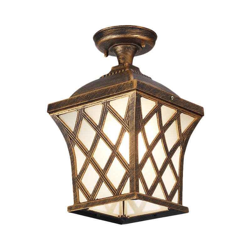 Opal Glass Lantern Semi Flush Mount Country 1 Light Balcony Close to Ceiling Light in Black/Bronze with Metal X-Frame Clearhalo 'Ceiling Lights' 'Close To Ceiling Lights' 'Close to ceiling' 'Glass shade' 'Glass' 'Semi-flushmount' Lighting' 819501