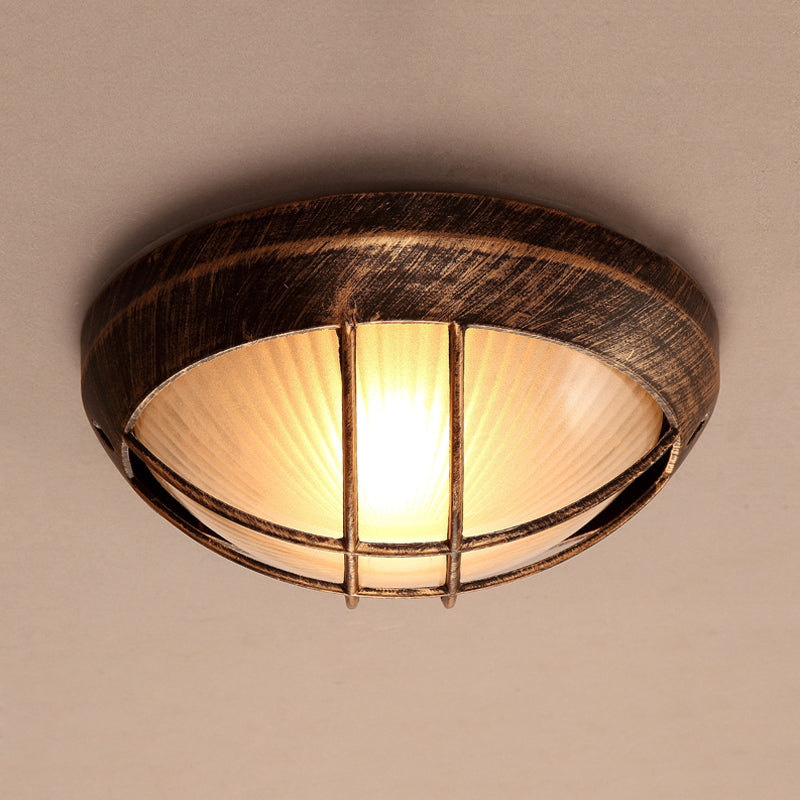 Bowl Frosted Ribbed Glass Flush Mount Rustic 1-Light Porch Ceiling Mounted Light in Bronze with Metal Cage Clearhalo 'Ceiling Lights' 'Close To Ceiling Lights' 'Close to ceiling' 'Flush mount' Lighting' 819519