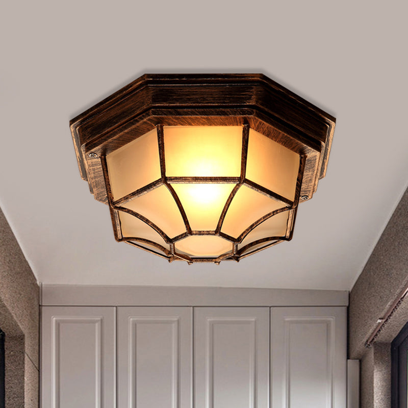 1 Light Flush Mount Fixture Lodge Octagonal Frosted Glass Close to Ceiling Light in Bronze with Cage Bronze Clearhalo 'Ceiling Lights' 'Close To Ceiling Lights' 'Close to ceiling' 'Flush mount' Lighting' 819524