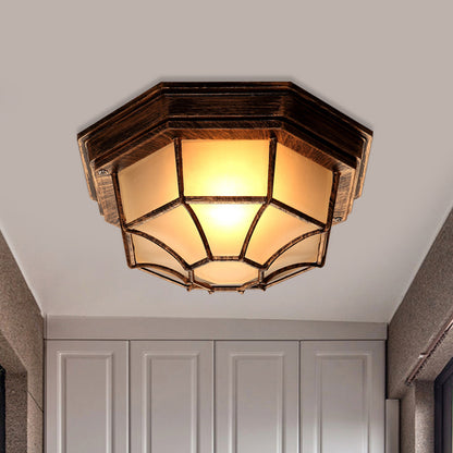 1 Light Flush Mount Fixture Lodge Octagonal Frosted Glass Close to Ceiling Light in Bronze with Cage Bronze Clearhalo 'Ceiling Lights' 'Close To Ceiling Lights' 'Close to ceiling' 'Flush mount' Lighting' 819524