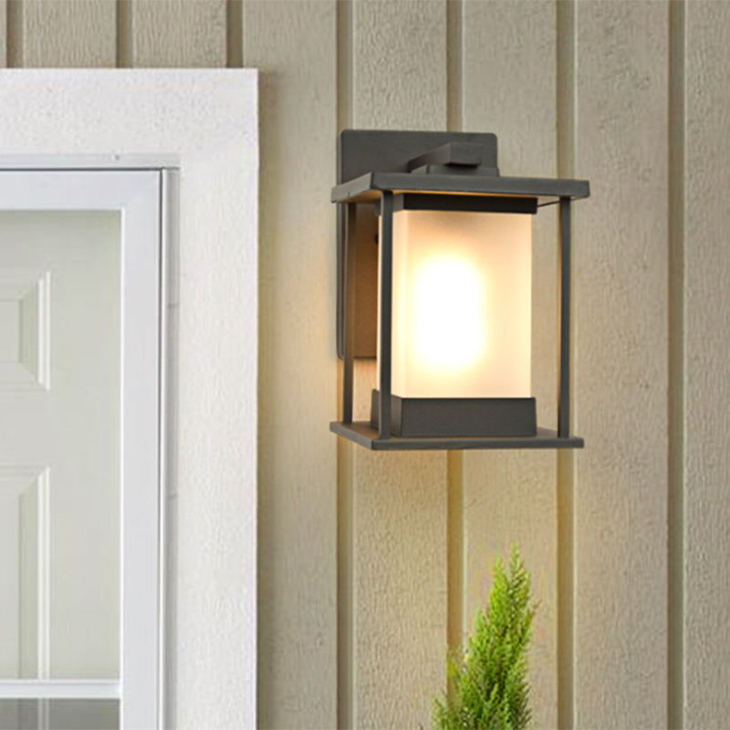White Glass Rectangle Wall Lamp Rustic 1 Bulb Outdoor Wall Light in Coffee/Black with Metal Frame Clearhalo 'Wall Lamps & Sconces' 'Wall Lights' Lighting' 819889