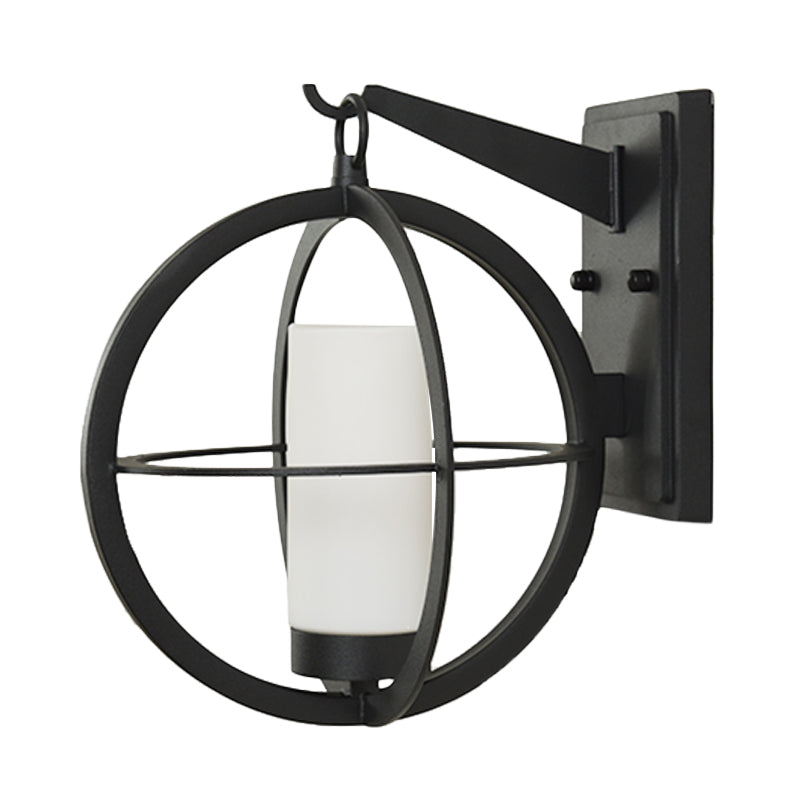 1 Bulb Cylinder Sconce Rural Black Frosted Glass Wall Lighting Fixture with Global Metal Cage Clearhalo 'Wall Lamps & Sconces' 'Wall Lights' Lighting' 819902