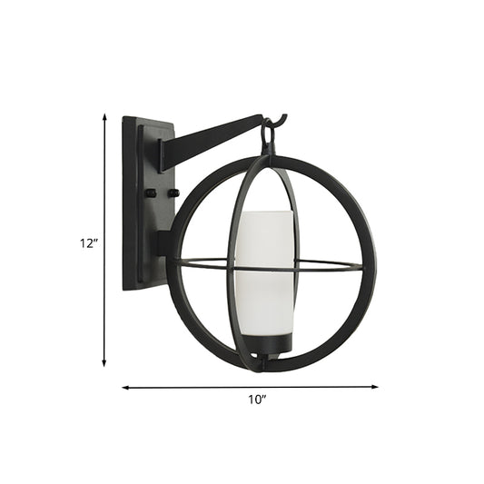 1 Bulb Cylinder Sconce Rural Black Frosted Glass Wall Lighting Fixture with Global Metal Cage Clearhalo 'Wall Lamps & Sconces' 'Wall Lights' Lighting' 819903