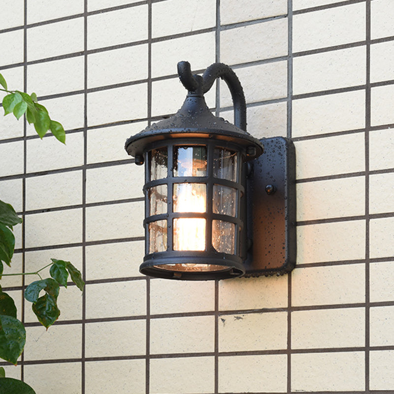 Seeded Glass Lantern Wall Lamp Countryside Single Light Outdoor Wall Light in Bronze/Black Clearhalo 'Wall Lamps & Sconces' 'Wall Lights' Lighting' 820043