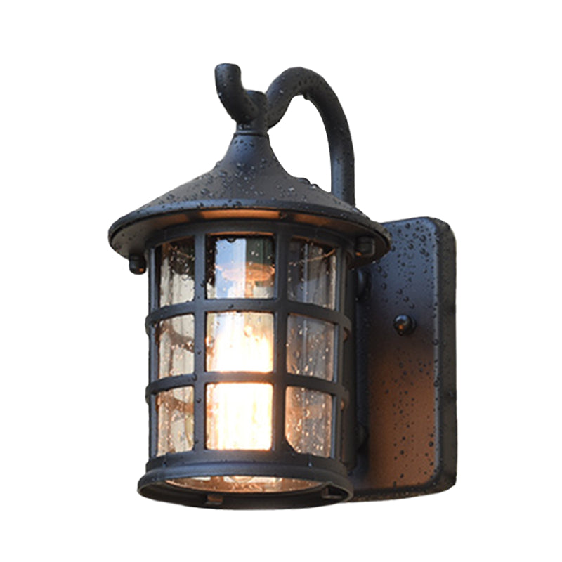 Seeded Glass Lantern Wall Lamp Countryside Single Light Outdoor Wall Light in Bronze/Black Clearhalo 'Wall Lamps & Sconces' 'Wall Lights' Lighting' 820044