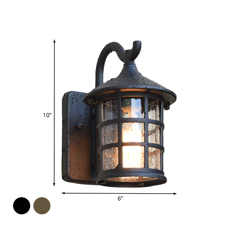 Seeded Glass Lantern Wall Lamp Countryside Single Light Outdoor Wall Light in Bronze/Black Clearhalo 'Wall Lamps & Sconces' 'Wall Lights' Lighting' 820045