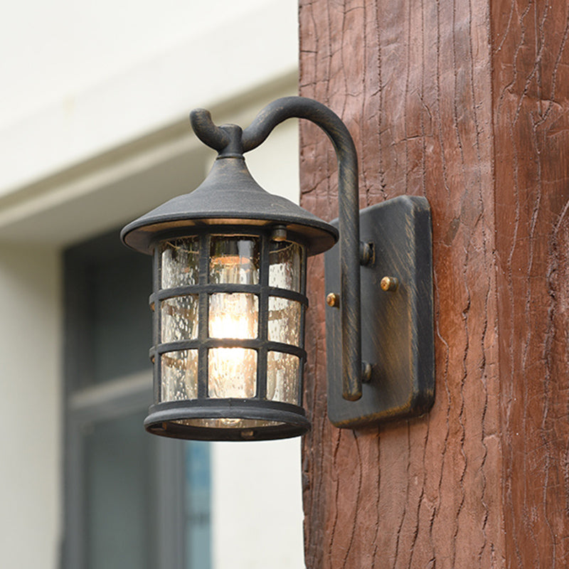 Seeded Glass Lantern Wall Lamp Countryside Single Light Outdoor Wall Light in Bronze/Black Bronze Clearhalo 'Wall Lamps & Sconces' 'Wall Lights' Lighting' 820046