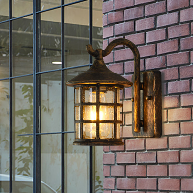 Seeded Glass Lantern Wall Lamp Countryside Single Light Outdoor Wall Light in Bronze/Black Clearhalo 'Wall Lamps & Sconces' 'Wall Lights' Lighting' 820047