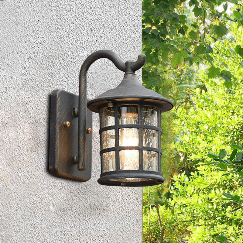 Seeded Glass Lantern Wall Lamp Countryside Single Light Outdoor Wall Light in Bronze/Black Clearhalo 'Wall Lamps & Sconces' 'Wall Lights' Lighting' 820048