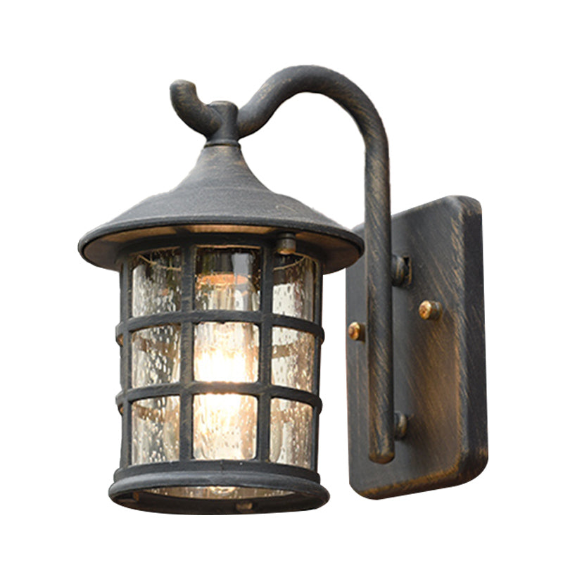 Seeded Glass Lantern Wall Lamp Countryside Single Light Outdoor Wall Light in Bronze/Black Clearhalo 'Wall Lamps & Sconces' 'Wall Lights' Lighting' 820049