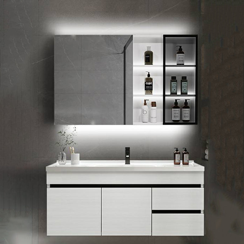 Popular Bathroom Sink Vanity Wall-Mounted 4 Doors Open Shelf Bathroom Vanity & Pull Out Faucet & Mirror Cabinet 35"L x 18"W x 16"H White Clearhalo 'Bathroom Remodel & Bathroom Fixtures' 'Bathroom Vanities' 'bathroom_vanities' 'Home Improvement' 'home_improvement' 'home_improvement_bathroom_vanities' 8205955