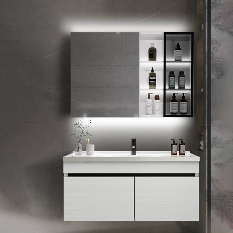 Popular Bathroom Sink Vanity Wall-Mounted 4 Doors Open Shelf Bathroom Vanity & Pull Out Faucet & Mirror Cabinet 31"L x 18"W x 16"H White Clearhalo 'Bathroom Remodel & Bathroom Fixtures' 'Bathroom Vanities' 'bathroom_vanities' 'Home Improvement' 'home_improvement' 'home_improvement_bathroom_vanities' 8205958