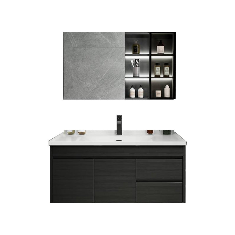 Popular Bathroom Sink Vanity Wall-Mounted 4 Doors Open Shelf Vanity & Faucet & Mirror Cabinet 35"L x 18"W x 16"H Black Clearhalo 'Bathroom Remodel & Bathroom Fixtures' 'Bathroom Vanities' 'bathroom_vanities' 'Home Improvement' 'home_improvement' 'home_improvement_bathroom_vanities' 8205959