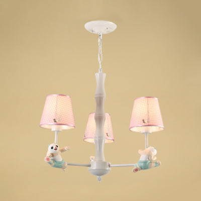 Kindergarten Tapered Shade Suspension Light Fabric and Metal Panda Chandelier in Blue/Pink 3 Pink Clearhalo 'Ceiling Lights' 'Chandeliers' Lighting' options 82619_ed85b2a9-4b85-4c7a-86e4-881c8fc7a2bb