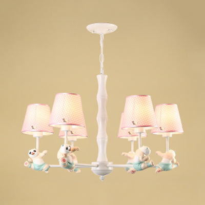 Kindergarten Tapered Shade Suspension Light Fabric and Metal Panda Chandelier in Blue/Pink Clearhalo 'Ceiling Lights' 'Chandeliers' Lighting' options 82621