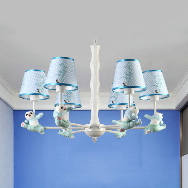 Kindergarten Tapered Shade Suspension Light Fabric and Metal Panda Chandelier in Blue/Pink Clearhalo 'Ceiling Lights' 'Chandeliers' Lighting' options 82627