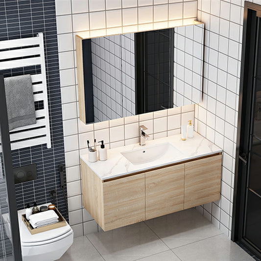 Wall-Mounted Modern Light Wood Single-Sink Open Console with Sink Set Clearhalo 'Bathroom Remodel & Bathroom Fixtures' 'Bathroom Vanities' 'bathroom_vanities' 'Home Improvement' 'home_improvement' 'home_improvement_bathroom_vanities' 8270904