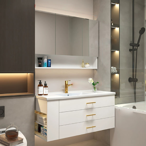 Popular Bathroom Sink Vanity Wall Mounted Standard Open Shelf with Two Drawer 40"L x 20"W x 20"H White Clearhalo 'Bathroom Remodel & Bathroom Fixtures' 'Bathroom Vanities' 'bathroom_vanities' 'Home Improvement' 'home_improvement' 'home_improvement_bathroom_vanities' 8297699