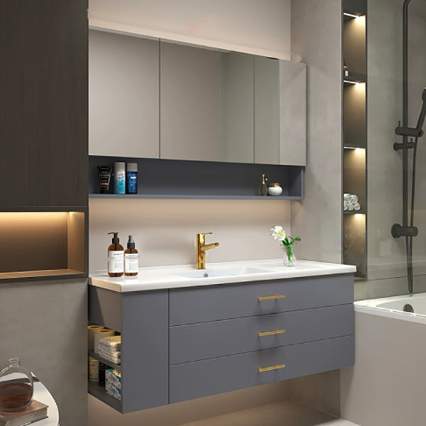 Popular Bathroom Sink Vanity Wall Mounted Standard Open Shelf with Two Drawer 48"L x 20"W x 20"H Gray Clearhalo 'Bathroom Remodel & Bathroom Fixtures' 'Bathroom Vanities' 'bathroom_vanities' 'Home Improvement' 'home_improvement' 'home_improvement_bathroom_vanities' 8297709