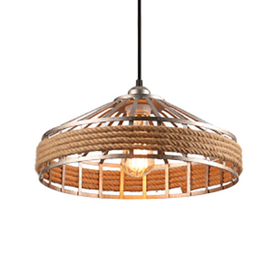 Conic Cage Restaurant Suspension Light Vintage Rope and Metal 1 Light Black Hanging Light in Aged Silver/Black Aged Silver 14.5" Clearhalo 'Art Deco Pendants' 'Black' 'Cast Iron' 'Ceiling Lights' 'Ceramic' 'Crystal' 'Industrial Pendants' 'Industrial' 'Metal' 'Middle Century Pendants' 'Pendant Lights' 'Pendants' 'Rustic Pendants' 'Tiffany' Lighting' 84004