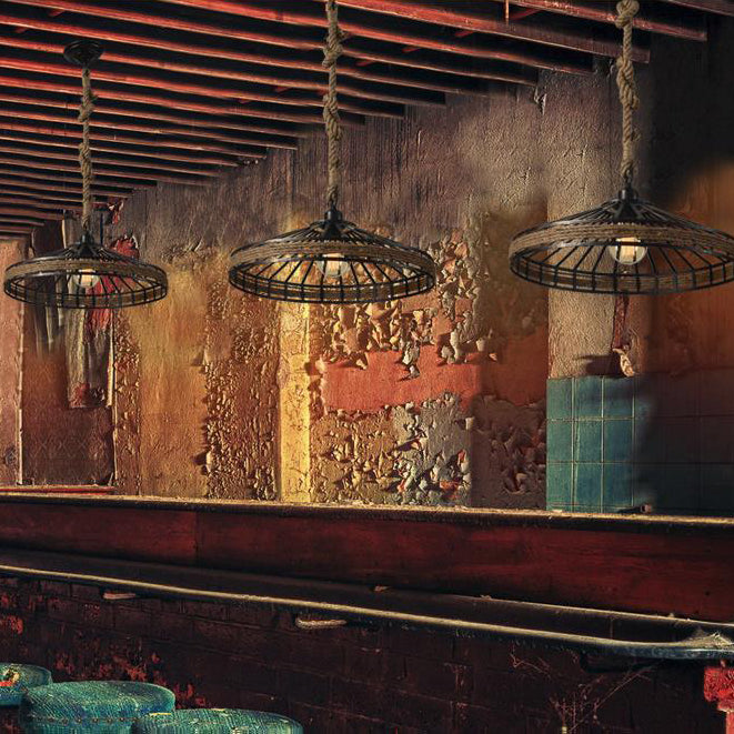 Conic Cage Restaurant Suspension Light Vintage Rope and Metal 1 Light Black Hanging Light in Aged Silver/Black Black 19.5" Clearhalo 'Art Deco Pendants' 'Black' 'Cast Iron' 'Ceiling Lights' 'Ceramic' 'Crystal' 'Industrial Pendants' 'Industrial' 'Metal' 'Middle Century Pendants' 'Pendant Lights' 'Pendants' 'Rustic Pendants' 'Tiffany' Lighting' 84009