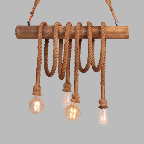 Country Adjustable Rope Island Light 3/4/6-Light Bamboo Island Pendant Light with Bare Bulb in Beige Clearhalo 'Ceiling Lights' 'Island Lights' Lighting' 84367