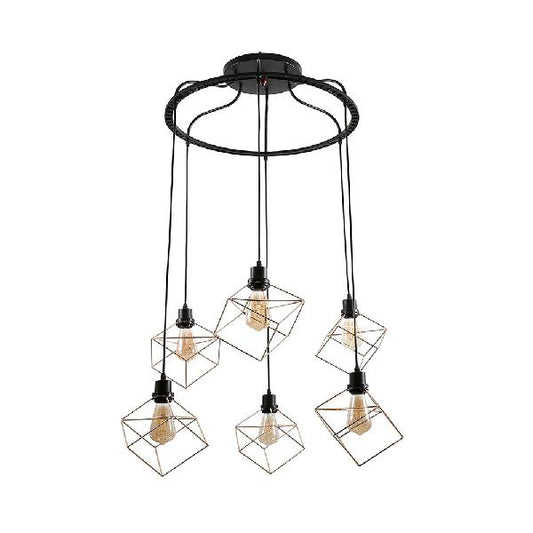 Metal Geometric Suspension Light with Wire Frame Vintage Style 4/6 Lights Dining Room Hanging Lamp in Black/Gold 6 Black B Clearhalo 'Art Deco Pendants' 'Black' 'Cast Iron' 'Ceiling Lights' 'Ceramic' 'Crystal' 'Industrial Pendants' 'Industrial' 'Metal' 'Middle Century Pendants' 'Pendant Lights' 'Pendants' 'Rustic Pendants' 'Tiffany' Lighting' 84405