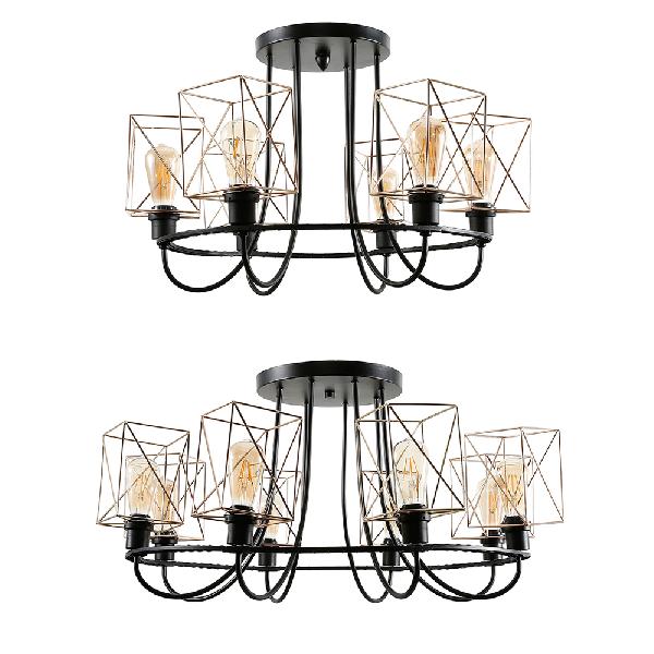 6/8 Bulbs Wire Cage Semi Flush Chandelier with Square Shade Vintage Gold Metal Hanging Light for Living Room Clearhalo 'Ceiling Lights' 'Close To Ceiling Lights' 'Close to ceiling' 'Semi-flushmount' Lighting' 84592